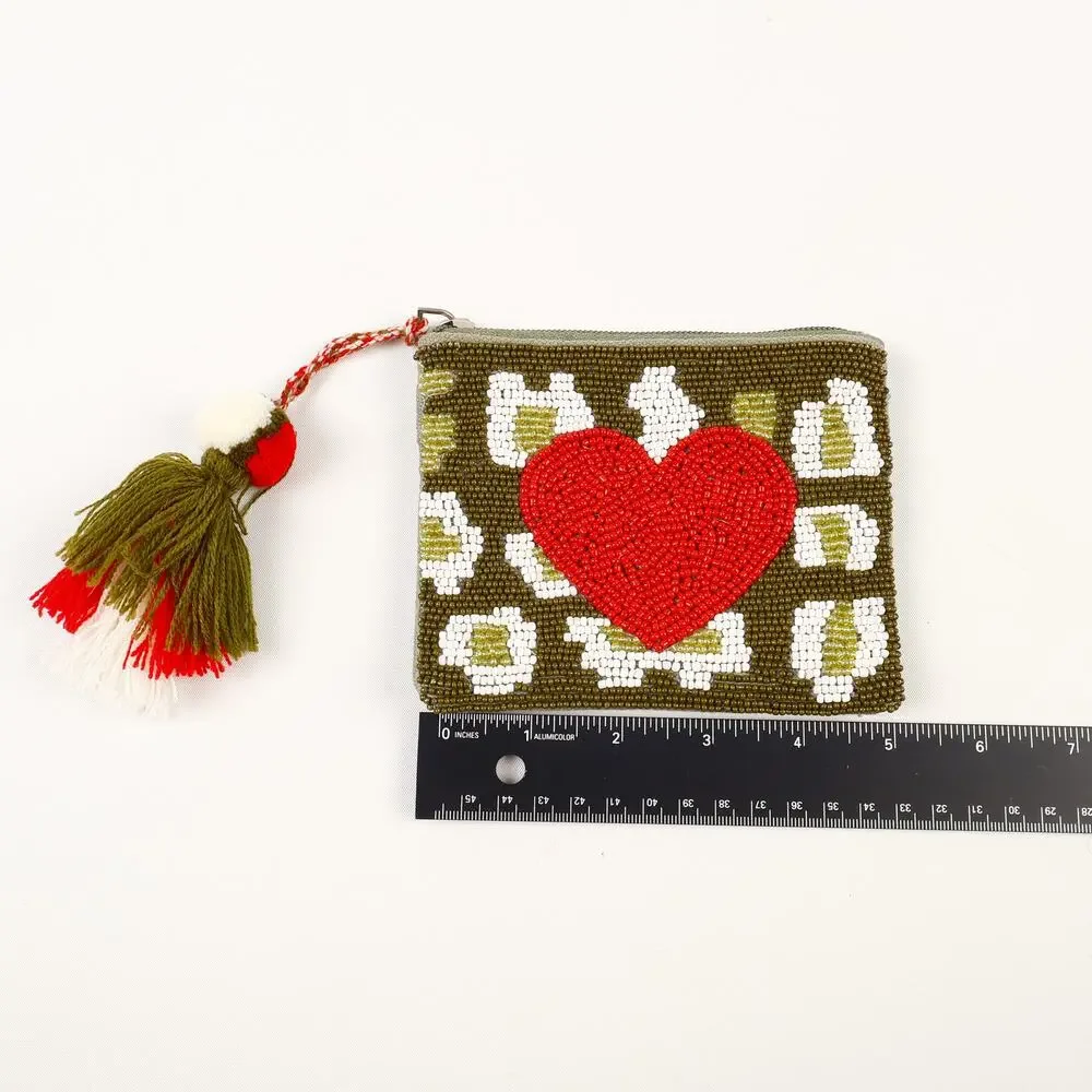 America And Beyond Green Makeup Pouch Embellished Beaded Red Heart Tassel - Picture 3 of 6
